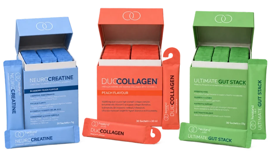 Healand Labs NeuroCreatine, Duo Collagen and Ultimate Gut Stack sample sachets